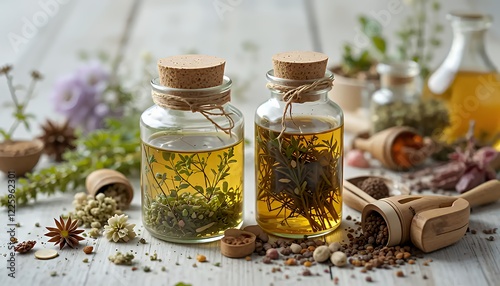 Two Glass Bottles of Herbal Oil with Dried Herbs and Spices on a Wooden Table