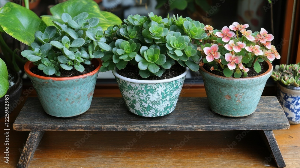 Three potted succulents on a wooden shelf, a serene indoor garden display. Three potted succulents on a wooden shelf, a serene indoor garden display.
