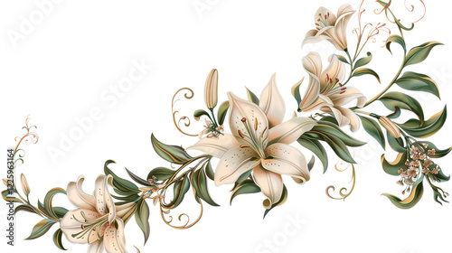 Beautifully Detailed Floral Design Featuring Elegant Lilies and Green Vines on a White Background - Vintage Illustration, Isolated on White Transparent Background, PNG
