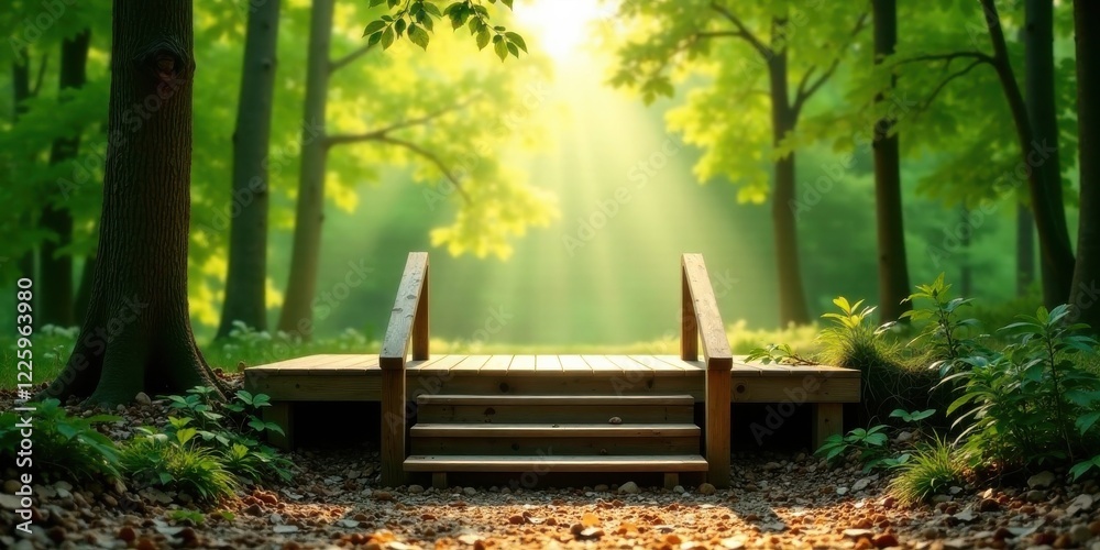 Serene Woodland Pathway Sunlit Steps Leading into a Lush Forest Sanctuary Serene Woodland Pathway Sunlit Steps Leading into a Lush Forest Sanctuary