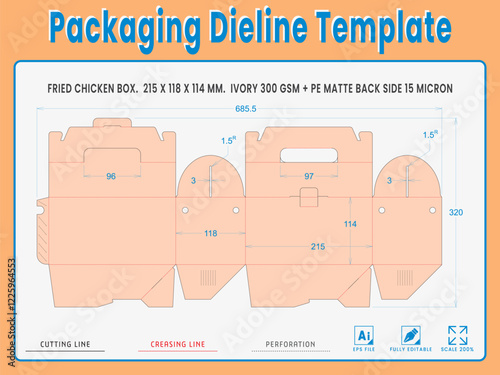 Packaging Dieline Template. 2D Technical Drawing File Eps Scale %. Fully editable vector. Prepared for production.