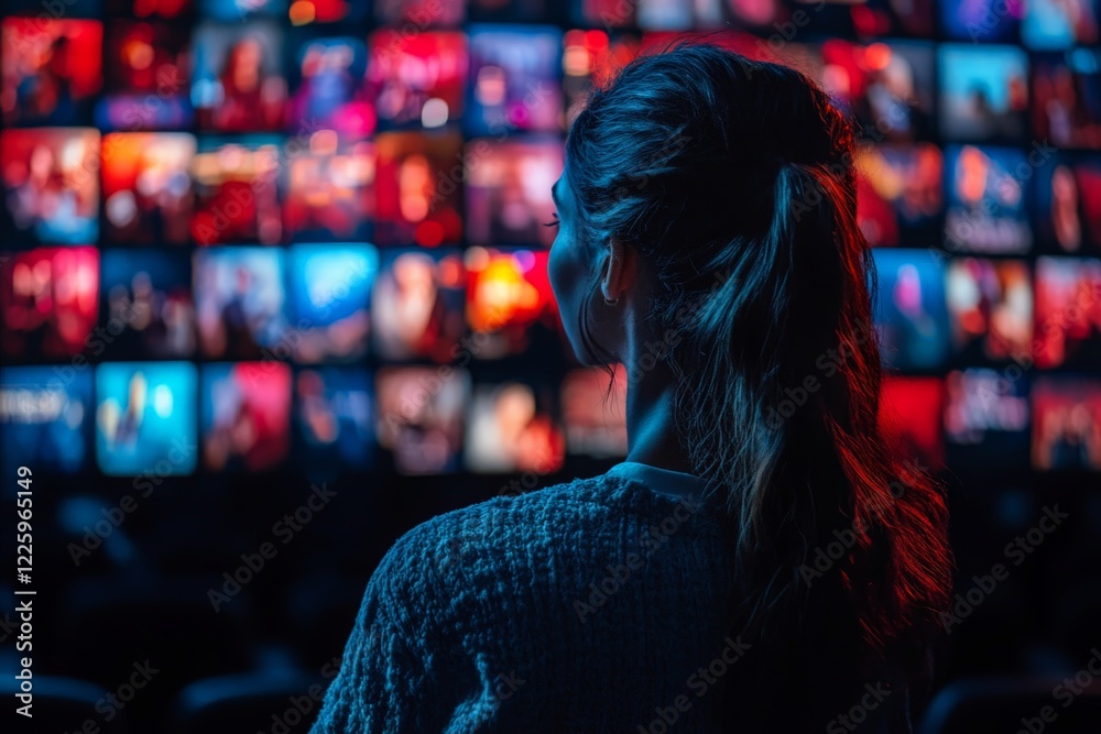 Fototapeta premium Young woman enjoying an immersive media experience in a vibrant display of colorful screens