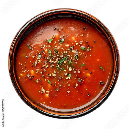 A delicious bowl of rich, red tomato soup garnished with fresh herbs and black pepper