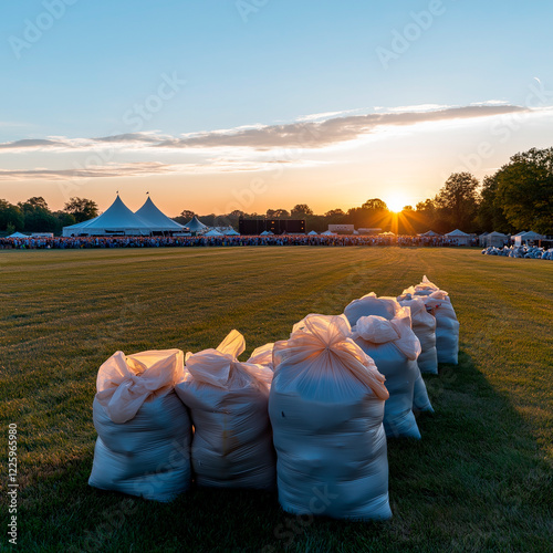 On festival field at dawn, neatly stacked garbage bags mark aftermath of well-organized cleanup. Tents and stages in distance hint at excitement that once filled space. photo