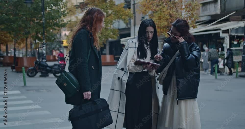 Three diverse businesswomen discuss work using a tablet in the city. They are brainstorming and analyzing ideas. Three diverse businesswomen discuss work using a tablet in the city. They are brainstorming and analyzing ideas.