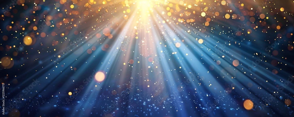 Obraz premium Golden light shining down on a blue glitter background with bokeh