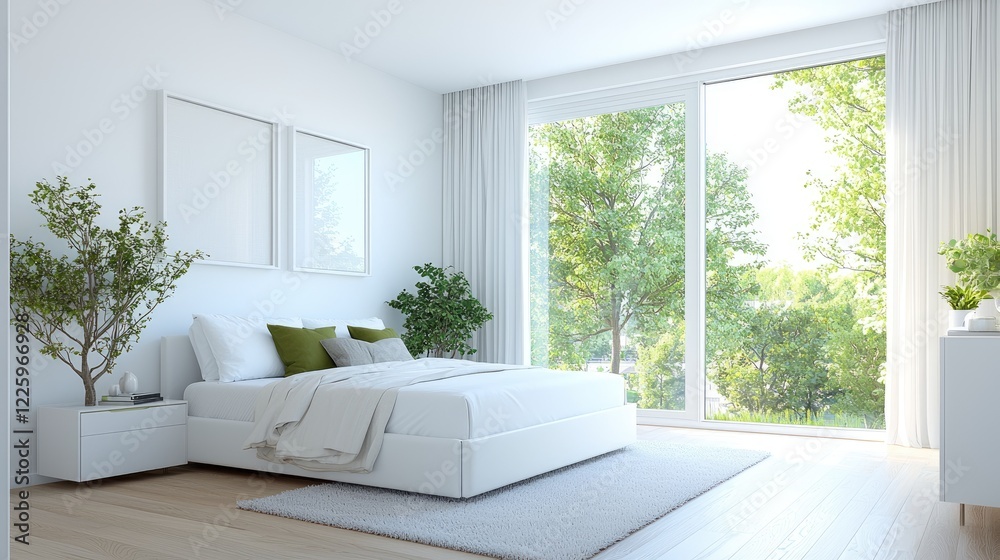 Modern bedroom with large window overlooking lush greenery. Ideal for home decor websites Modern bedroom with large window overlooking lush greenery. Ideal for home decor websites