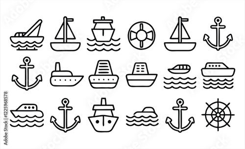 set of  outline icons related to water transport 