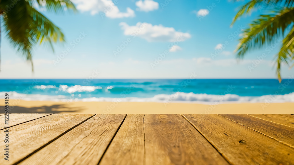 Fototapeta premium A wooden table with a view of the ocean and palm trees