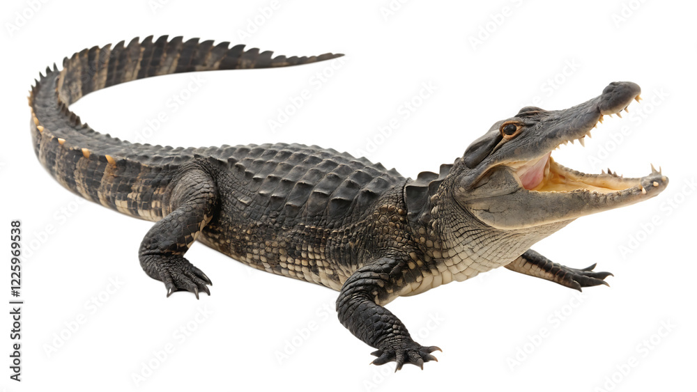 Obraz premium Aggressive American Alligator with Open Mouth isolated on white background as transparent. PNG.AI GENERATED
