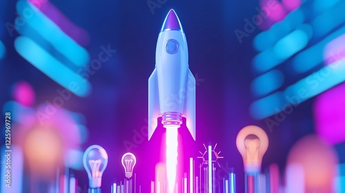 A rocket taking off with various graphs and light bulb icons trailing behind against a bokeh background, symbolizing bold new ideas taking flight, innovation and progress concept