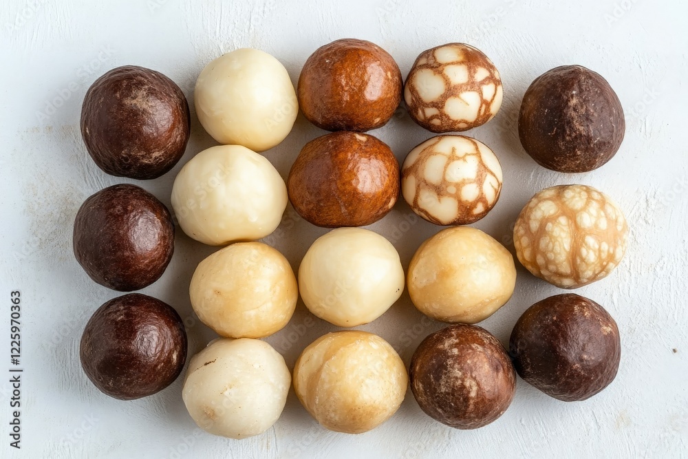 Diversity of round dessert balls displayed on a clean surface, showcasing various textures and colors Diversity of round dessert balls displayed on a clean surface, showcasing various textures and colors