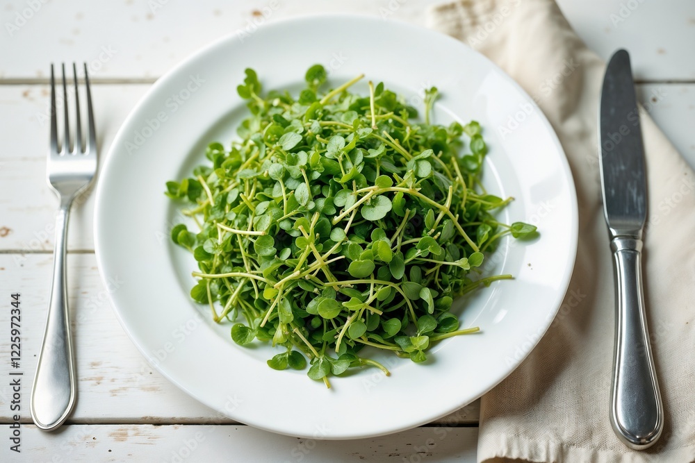 Fresh organic microgreens on a white plate, healthy and vibrant, dining setup with copy space