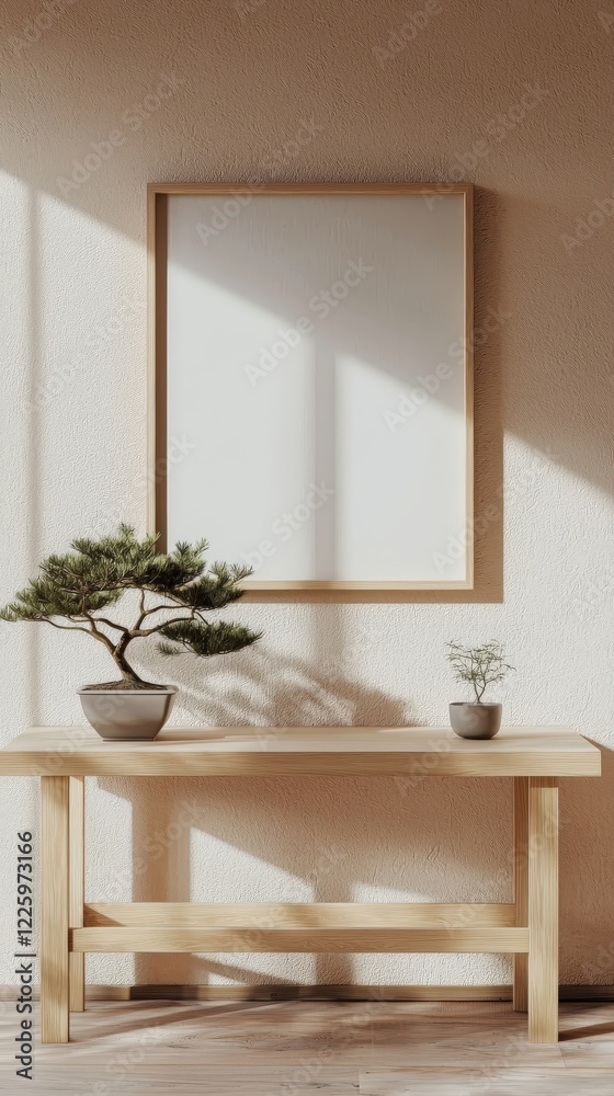 Fototapeta premium Minimalist Interior Design with Bonsai Tree and Blank Frame Mockup