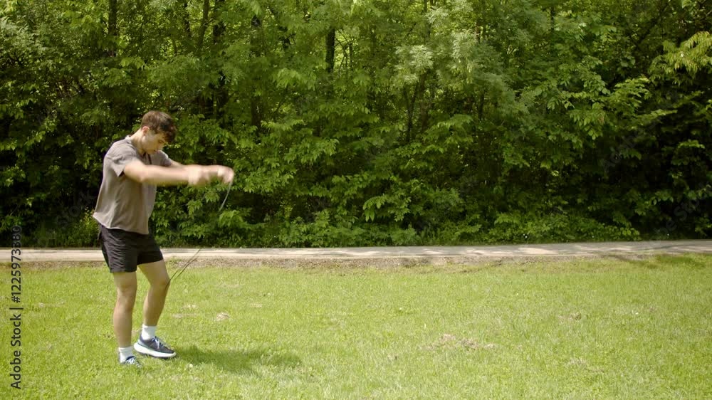 Young man doing jump rope exercises in the park. The jump rope and exercises are good for fitness training and health. Young man doing jump rope exercises in the park. The jump rope and exercises are good for fitness training and health.