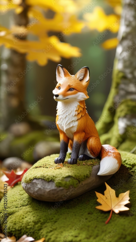 Fototapeta premium A small red fox is sitting on a mossy rock in a forest. The fox is surrounded by fallen leaves and acorns, giving the scene a peaceful and natural atmosphere