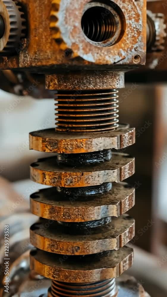 Mechanical components showing intricate design and rust in a workshop environment during daylight Mechanical components showing intricate design and rust in a workshop environment during daylight