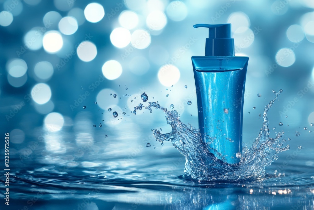 Bottled liquid splashing in shimmering water, creating an artistic visual of freshness and hydration Bottled liquid splashing in shimmering water, creating an artistic visual of freshness and hydration