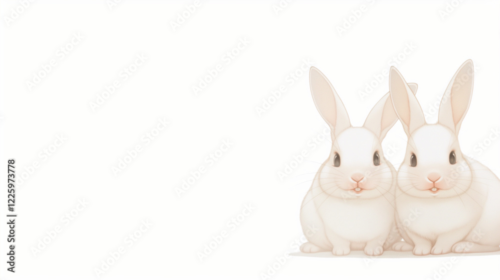 Obraz premium Illustration of two rabbits on white backgtround, copy space