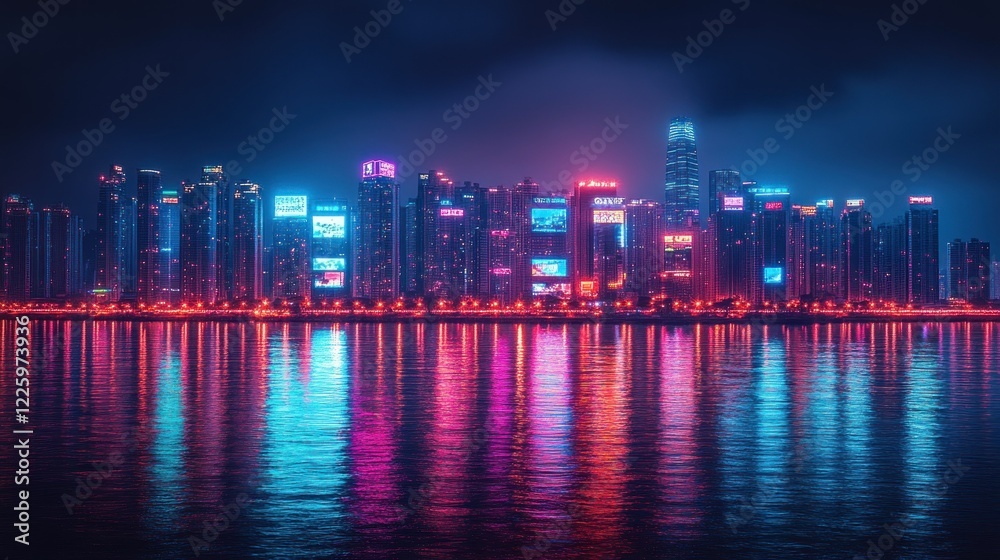 Fototapeta premium Neon Cityscape at Night: A Vibrant Reflection