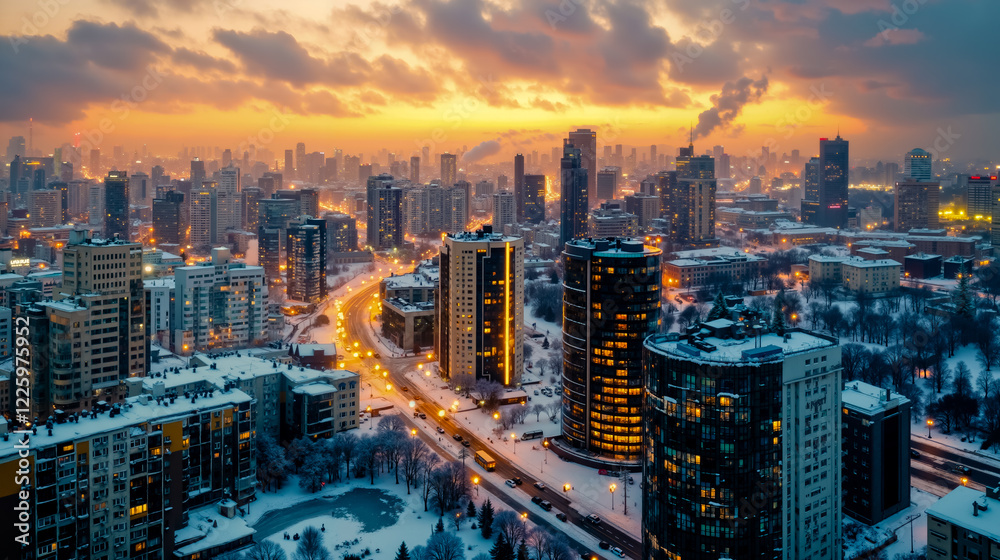 Obraz premium A view of a city at sunset with snow on the ground