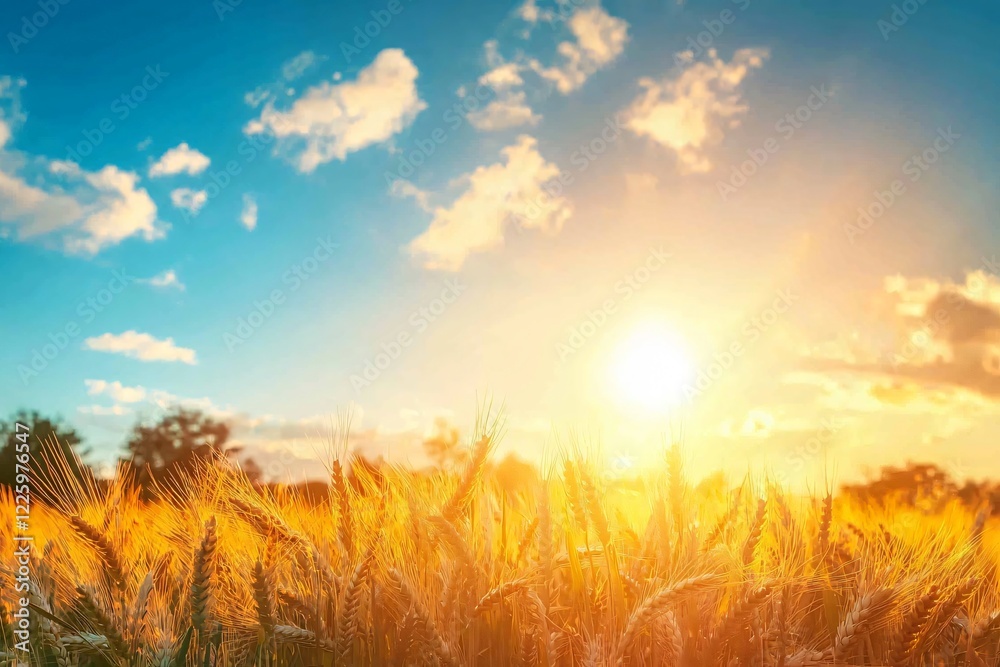 Fototapeta premium Golden wheat field under a vibrant sunset sky with fluffy clouds, evoking tranquility and harvest