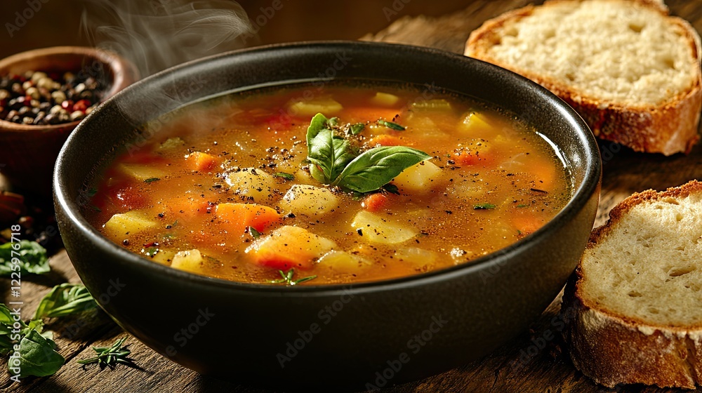 close-up of steaming bowl of homemade vegetable soup on rustic wooden table with slice of crusty bread