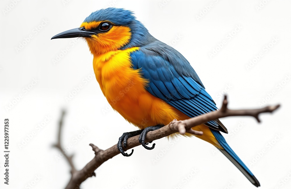 Obraz premium Colorful bird perched on branch. Brilliant blue and orange plumage. Close-up view. Isolated on white background. Wild, exotic, nature theme. Beautiful avian animal. Avian wildlife. Lovely bird design.
