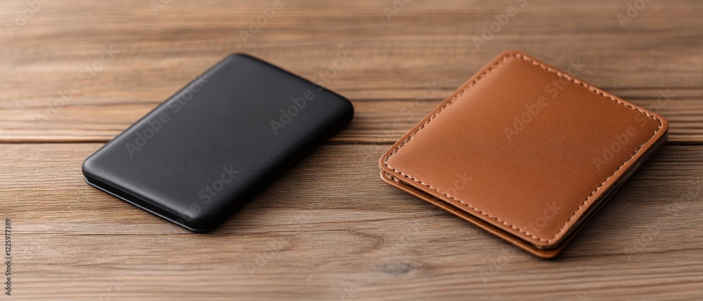 Elegant leather wallets on rustic wooden surface showcasing minimalistic design and craftsmanship details Elegant leather wallets on rustic wooden surface showcasing minimalistic design and craftsmanship details