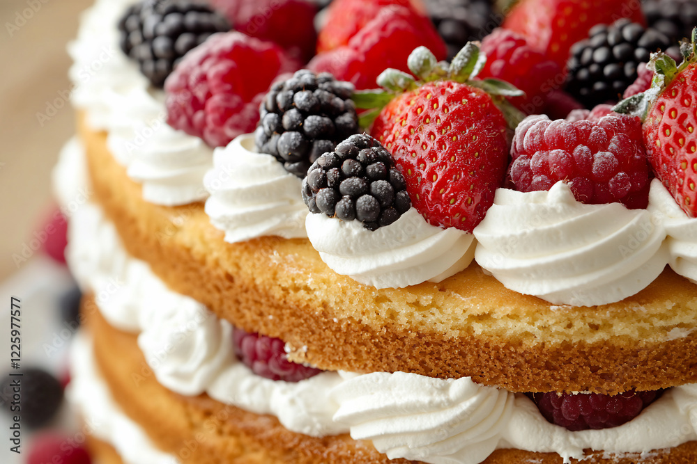 Delicious layered cake topped with fresh berries and whipped cream, set on a rustic wooden table Delicious layered cake topped with fresh berries and whipped cream, set on a rustic wooden table