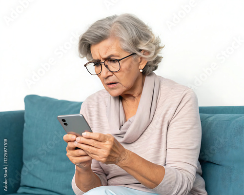Confused senior woman in eyeglasses squinting eyes, try to read message on cellphone, having problems with vision, sitting on couch at home