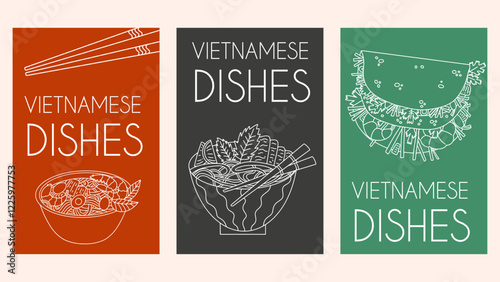 Vietnamese food poster set. Asian cuisine doodle vector illustration. Street food design template.