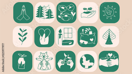 Green icons about the environment. Mental health care conceptual set. Natural elements set in flat style. Hand drawn sustainable illustrations.