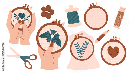 Cross stitch. Needlework set. Women's hands hold a hoop with embroidered flowers and heart. Vector hand draw illustration.