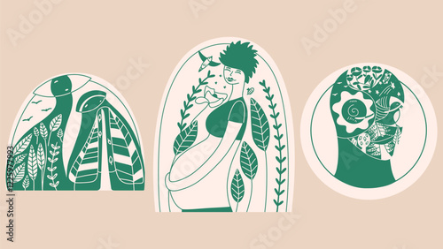 Conceptual stickers about people's good mental health. The influence of nature on the human psyche and body. Vector illustration in flat style.