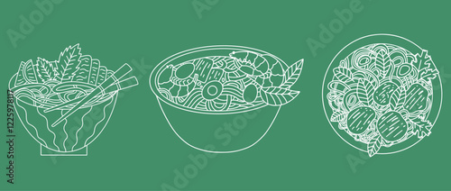 Asian cuisine vector doodle set. Street food. Noodle soup Pho Bo. Vector doodle illustration.