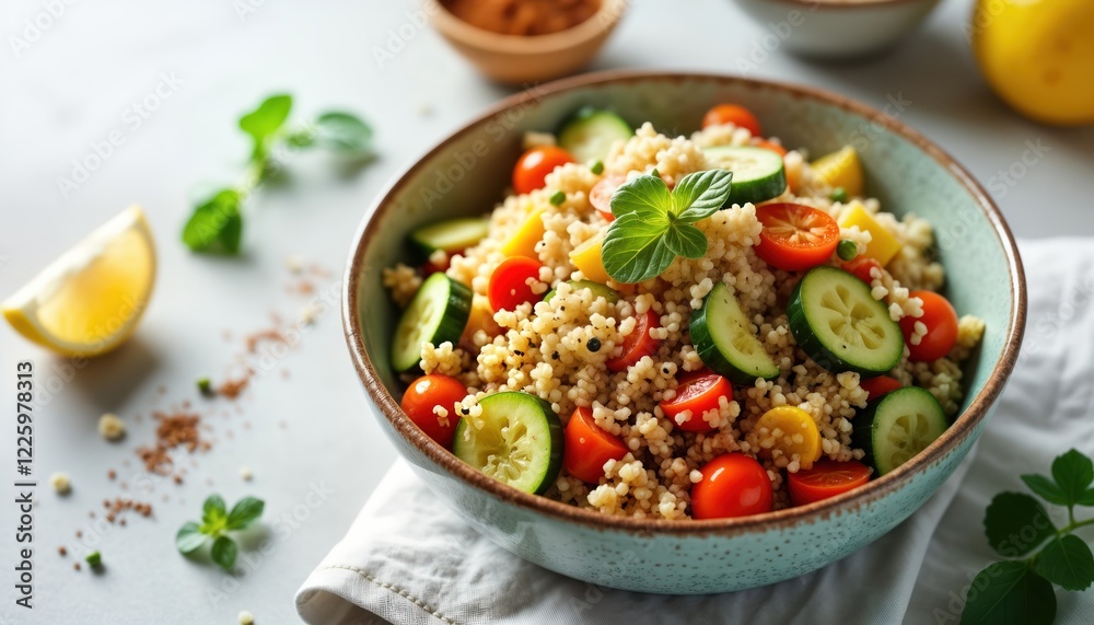 Healthy quinoa salad bowl filled with colorful vegetables. Fresh vibrant salad. Perfect meal for healthy diet summer. Delicious, nutritious. Easy, satisfying choice. Perfect for vegan anyone looking Healthy quinoa salad bowl filled with colorful vegetables. Fresh vibrant salad. Perfect meal for healthy diet summer. Delicious, nutritious. Easy, satisfying choice. Perfect for vegan anyone looking