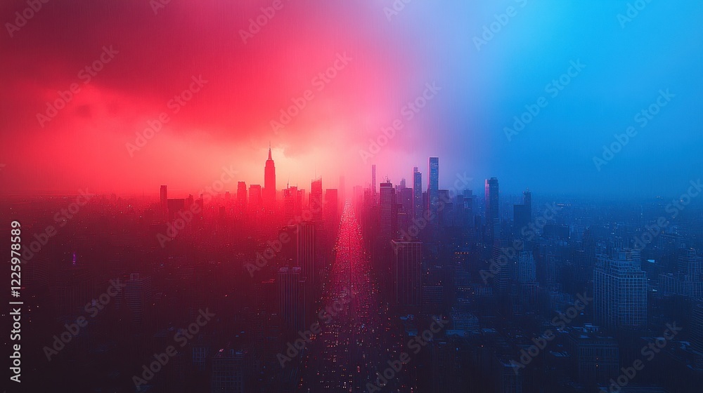 Fototapeta premium Neon Cityscape: A Divided Metropolis at Dusk