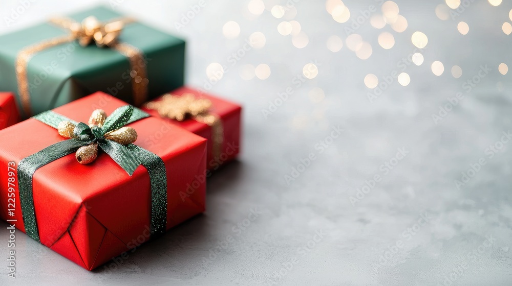 Festive red and green gifts on grey surface, bokeh background; Christmas celebration, holiday greeting card Festive red and green gifts on grey surface, bokeh background; Christmas celebration, holiday greeting card