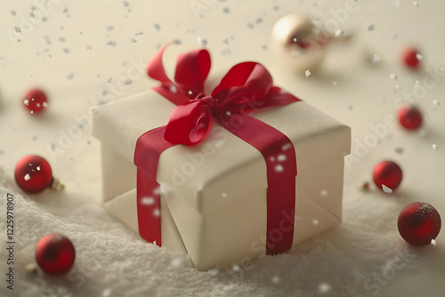 A beautifully wrapped gift box with a red ribbon, surrounded by soft holiday decorations, isolated on a neutral background. photo