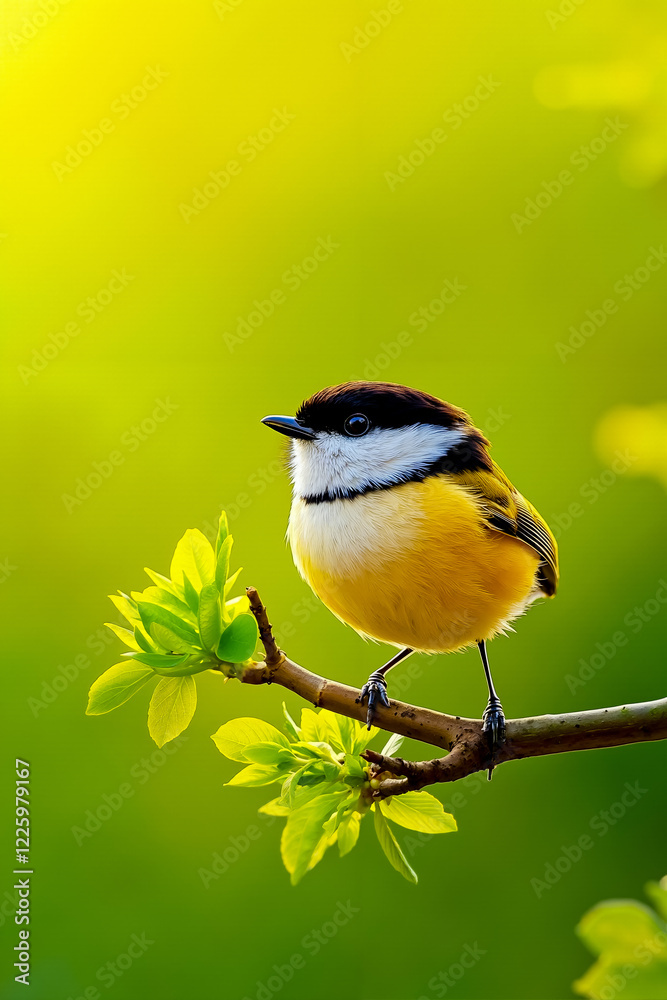 Obraz premium A small bird sitting on a branch with green leaves