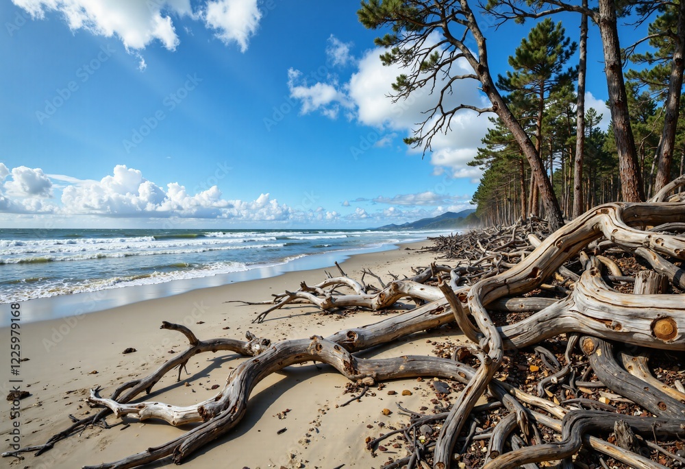 Sea waves surrounding driftwood on the beach Sea waves surrounding driftwood on the beach
