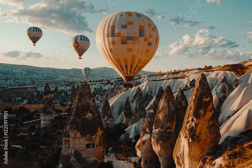 Hot air balloons soaring over unique rock formations and valleys during sunset in Cappadocia, Turkey