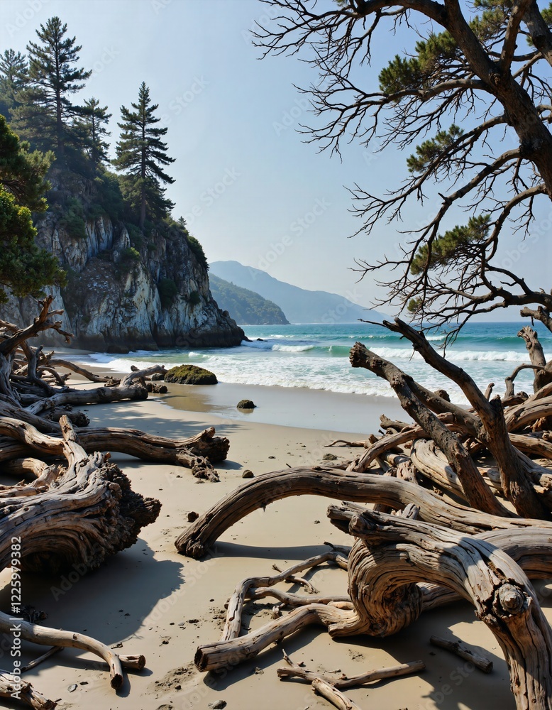 Fototapeta premium A beach blanketed with driftwood trees