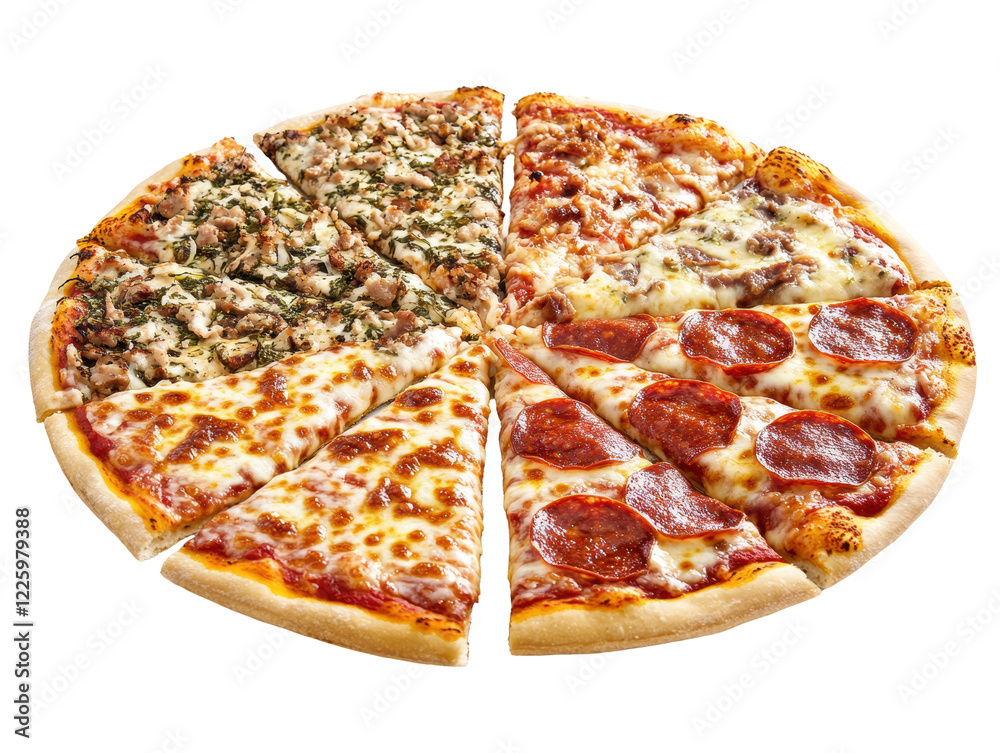 Isolated pizza with four different flavors Isolated pizza with four different flavors
