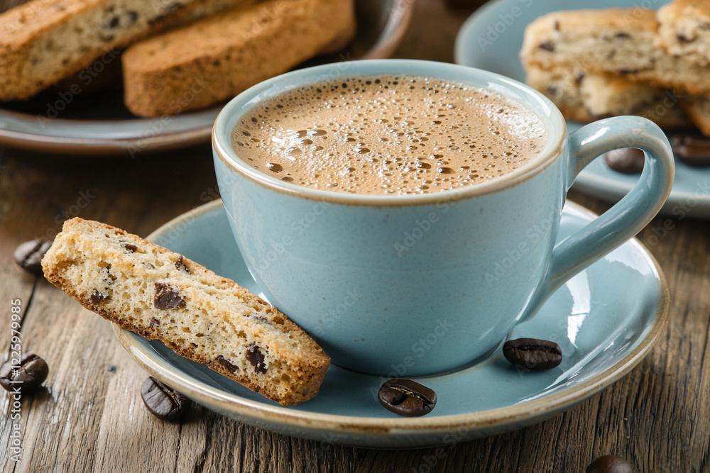 Cozy coffee scene featuring a cup of frothy beverage paired with a chocolate chip biscotti on a rustic table Cozy coffee scene featuring a cup of frothy beverage paired with a chocolate chip biscotti on a rustic table