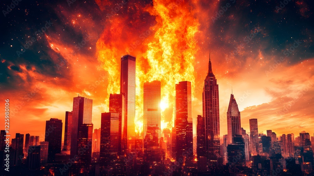 Fototapeta premium Fiery Cityscape Apocalypse, Burning Skyscrapers and Inferno Sunset