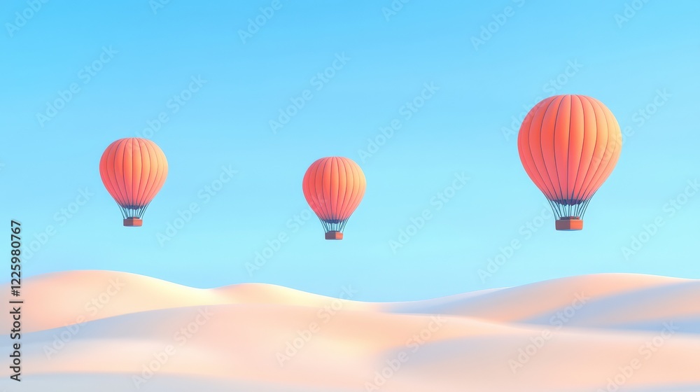 Fototapeta premium Colorful hot air balloons soaring above soft, sandy dunes under a clear blue sky