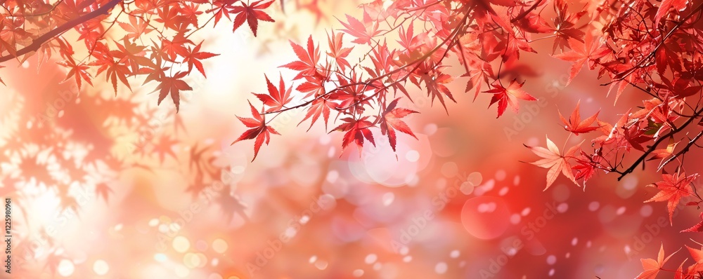 Red maple leaves falling on a blurred background with bokeh, creating a beautiful and warm autumnal mood Red maple leaves falling on a blurred background with bokeh, creating a beautiful and warm autumnal mood