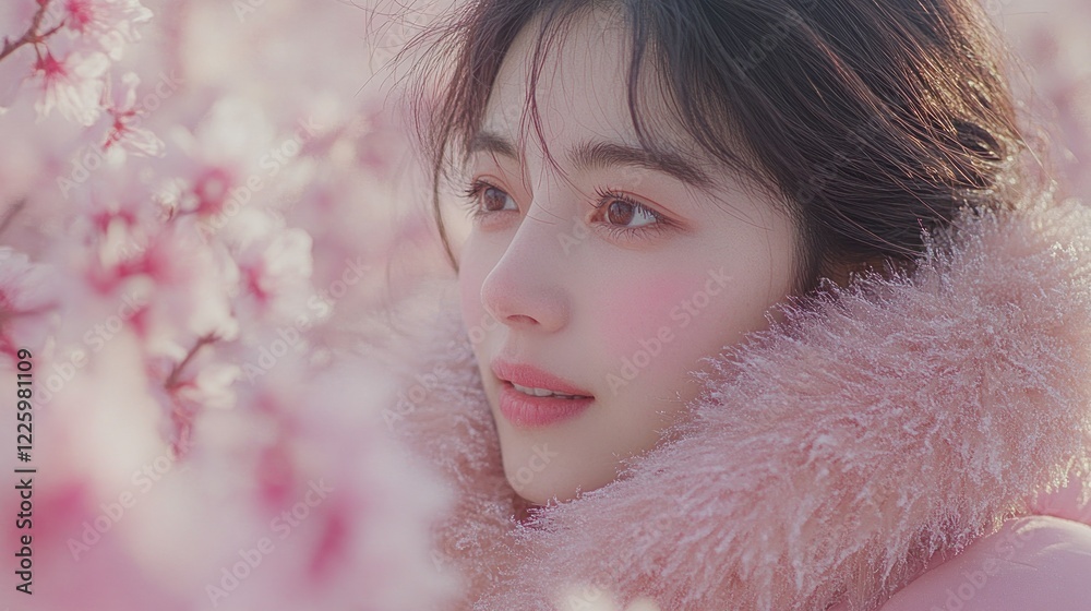 A Gentle Breeze, Pink Petals Dance: Portrait of a Woman Amidst Blossoms